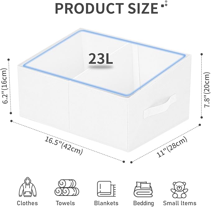 DIMJ Large Closet Shelf Organizer Bins 8 Packs with Handles and Divider, Fabric Trapezoid Storage Baskets, Foldable Clothes Containers Box for Shelf, Towel, Book, Toy, Purse, Hats, White