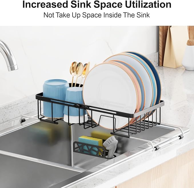 iSPECLE Small Sink Dish Drying Rack, Expandable Narrow Rust Resistant Dish Drainer for RV Apartment Kitchen, Dish Rack with Tightening Knob, Arms with Non Slip Rubber, 9.2" W x 16.6"-24" L, Black | Rust Resistant, Locking Knob Stability, for Small Kitc...