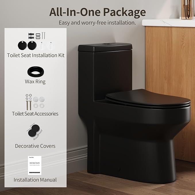 DeerValley Compact One Piece Toilet Standard Seat Height for Small Bathroom Dual Flush 1.1/1.6 GPF Powerful and Quiet 12'' Rough-In Skirted Toilet DV-1F52812B