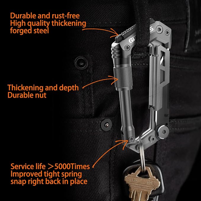 Carabiner Multitool with Pocket Knives, 8-in-1 EDC Carabiners, Gift for Men | Serrated Knife, Rope Cutter, Screwdriver, Can Bottle Opener, Ruler, Folding Knife for Camping Hiking, (Grey)