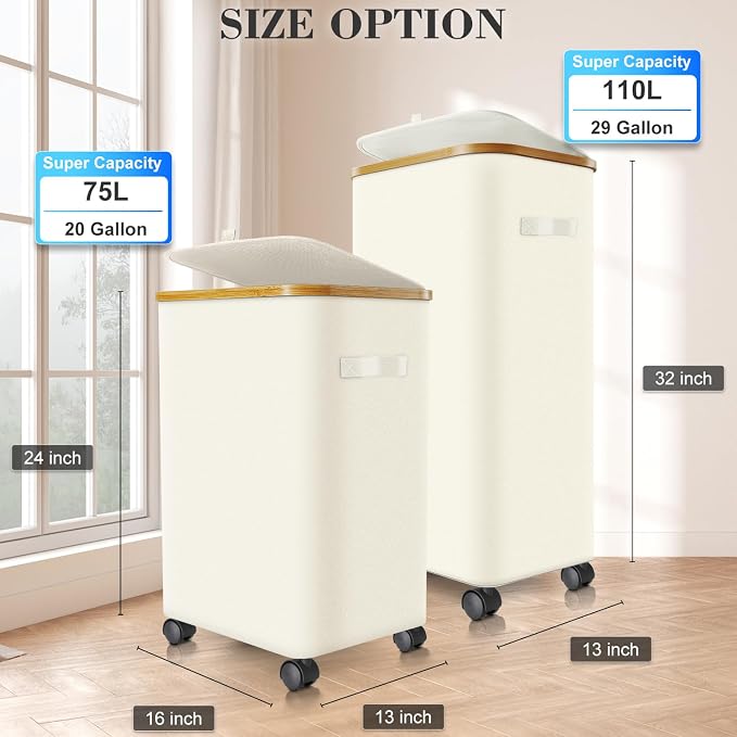 Laundry Hamper with Wheels, 75L Rolling Laundry Basket with Lid | Clothes Hampers for Laundry with Inner Bag, Dirty Clothes Hamper for Bedroom, Dorm, Bathroom, Laundry Room