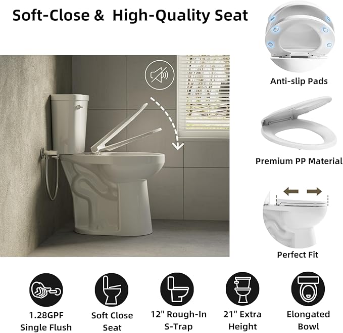 Tall Toilets For Seniors 21 Inch, Los Flexi Comfort & High Toilet, Elongated Bowl and Soft-Close Seat, 1.28 GPF Extra Tall Handicap Toilet with Efficient Siphonic Flush & 12" Rough-In