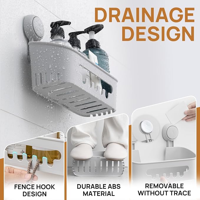 LEVERLOC Shower Caddy Suction Cup Shower Organizer Bathroom Storage Removable Powerful Suction Shower Shelf, Gray