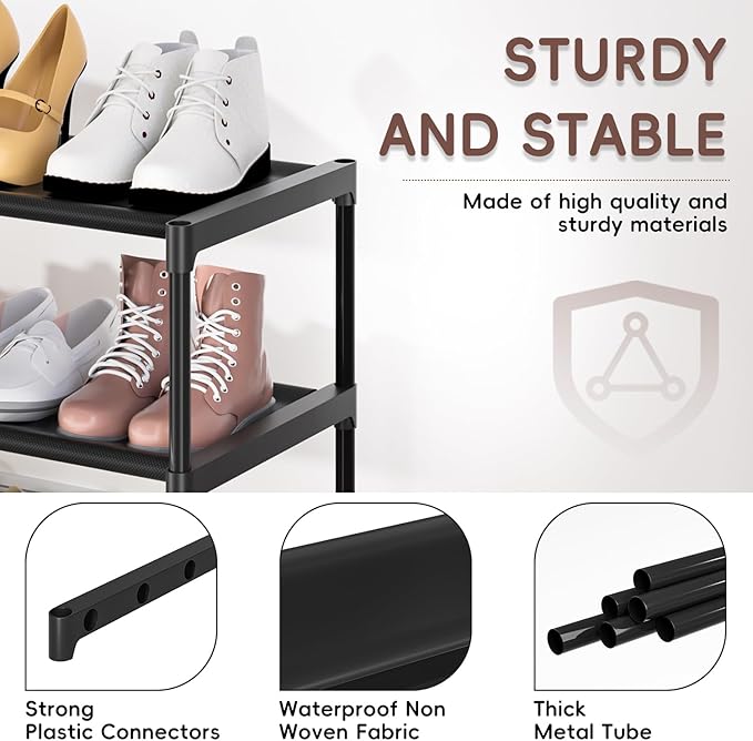 LUKYTOWER Extra Long Shoe Rack 4 Tier with 2 Hooks Shoe Storage Organizer | Wide Stackable Shoe Racks for Closet, Entryway,Shoe Shelf Stand Sturdy Durable Shoes Holder Save Space Up to 26Pairs