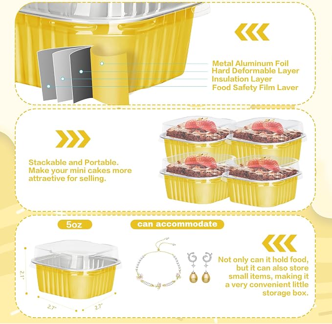 100Pack 5oz Gold Mini Cake Pans with Lids Baking Cups Aluminum Foil Pans Tins, Individual Dessert Cups Containers for Sales,Party,Picnics
