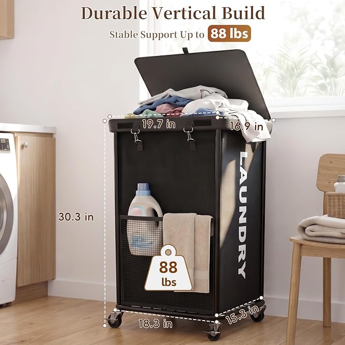 Laundry Hamper with Wheels and Lid, 150L Large Rolling Laundry Basket Black | Heavy Duty Clothes Organizer, Sturdy Metal Frame, Lockable Swivel Casters, Removable Bag, For Bedroom, Bathroom, Laundry Room