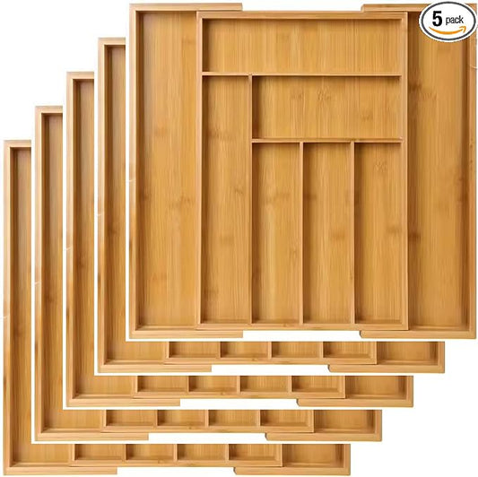 Kitchen Drawer Organizer Expandable Bamboo, Utensil Organizer for Kitchen Drawer, Adjustable Silverware Organizer Tray 13–19.6”, Wooden Cutlery Drawer Organizer, Deep Compartments (5)