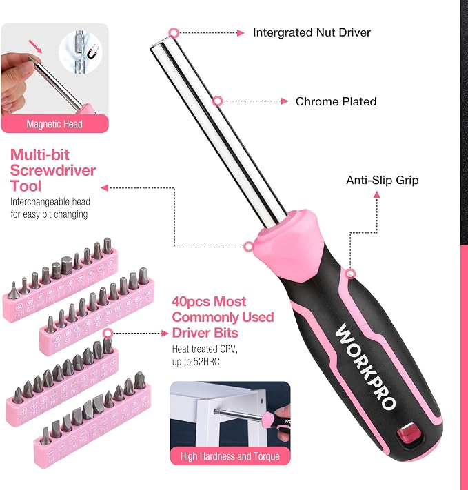 WORKPRO 277PCS Pink Tool Set, Portable Home Repairing Tool Kit for Women | with 13" Wide Mouth Open Storage Tool Bag, Home Tool Box Including Hammer, Screwdrivers, Pliers, Wrench and Household Tools