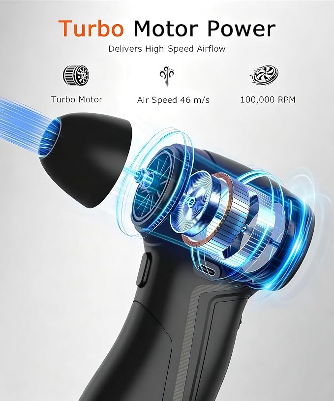 Compressed Air Duster, 100,000 RPM Turbo Fan, Mini Blower with Cleaning Bag and 4 Replacement Nozzles, for Keyboard, PC Repair Technician, Car Owner and House