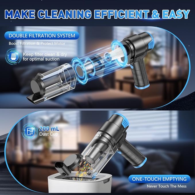 KMM Handheld Car Vacuum Cleaner, 16000PA Air Duster & Hand Held Vacuum | 120W High Power, Cordless, Portable, Rechargeable with Multi-Nozzles & LED Light for Home, Car, Office, Pet