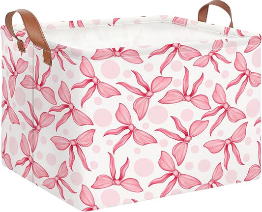 NTAOHAMPER Rectangular Storage Basket Empty,Toys Storage Bin with Handles,Baby Room Decor,Gift Basket,Book Box(Pink Bowknot)