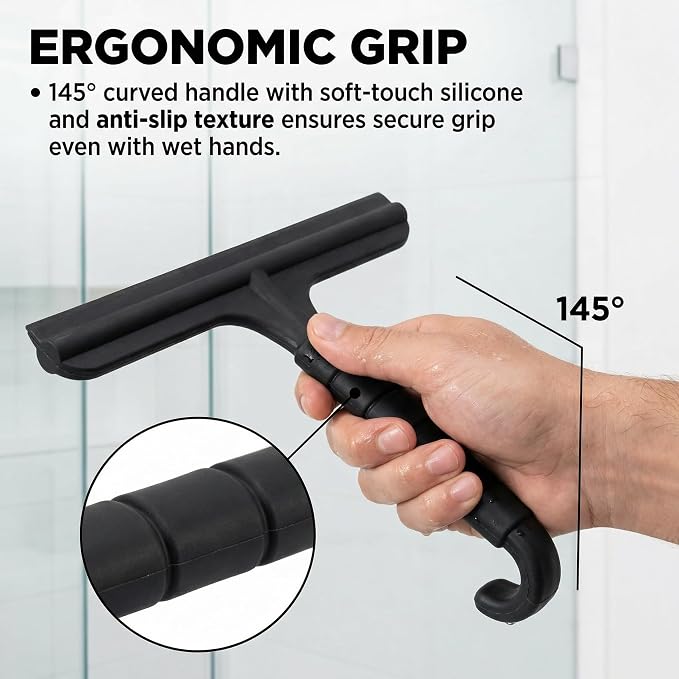 8 Inch Silicone Shower Squeegee for Glass Doors – All-in-One with Built-in Hook, Ergonomic Non-Slip Handle & Reinforced Iron Core, Multi-Purpose for Mirrors, Countertops, Windows, Black