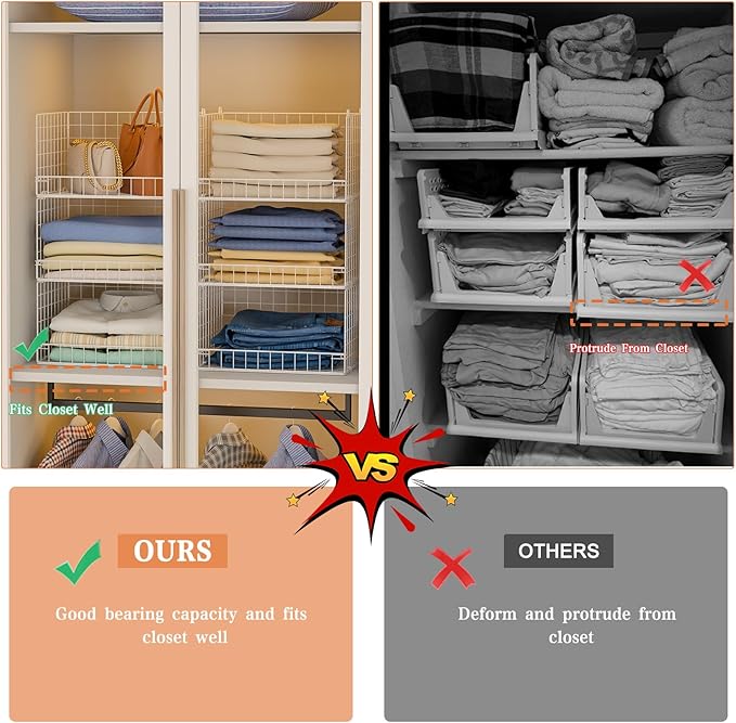 Huxitocan 6-Tier Stackable Closet Organizers and Storage Basket - Foldable Closet Shelf Organizer System, Sturdy Metal Space-Saving Clothes Storage Bins for Wardrobe, White(Patent Pending)