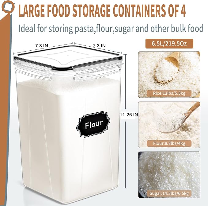 4pcs Large Tall Airtight Food Storage Containers with Lids - 6.5L / 5.9qt | Pantry Kitchen Organizers and Storage, Airtight Food Canisters with Lids for Kitchen, Pantry Organization, BPA Free, Black