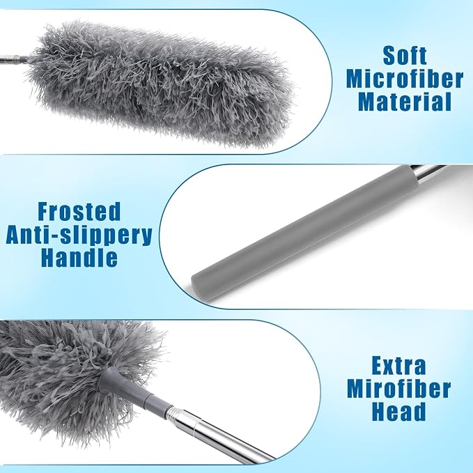 Tanlade 1 Pcs Microfiber Feather Duster for Cleaning, Extendable 13-31 Inch Ceiling Fan Duster with Bendable Head, Washable Tools for Ceiling Fans, Furniture, Car, Cobwebs (Gray)