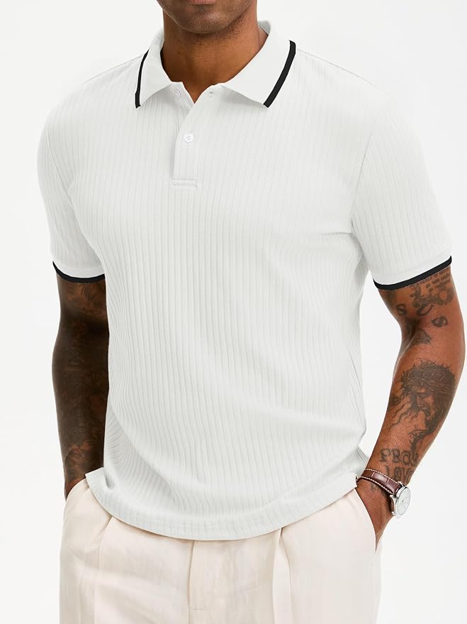 Comdecevis Men's Regular Fit Short Sleeve Knit Polo Shirts | Business casual, lightweight, breathable, stretch textured fabric, moisture wicking, easy care
