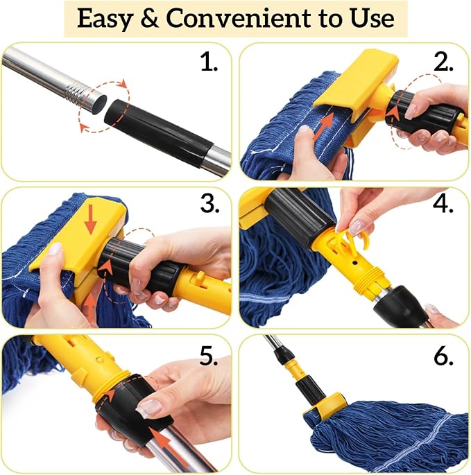 ZAVOOS Commercial Mop, Heavy Duty Looped End String Wet Mop with 64'' Long Handle, Industrial Cotton Dust Mop with Extra Replacement Heads for Home, Office, Garage, Warehouse Floor Cleaning