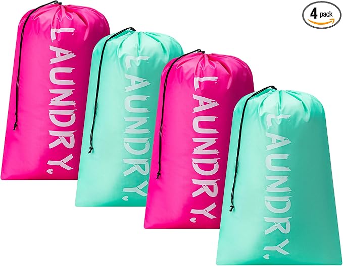4 Pack Travel Laundry Bag,24" x 36", Extra Large Dirty Clothes Organizer | Machine Washable with Drawstring, Holds 3-4 Loads of Laundry,Fit a Laundry Hamper or Basket Travel Essentials