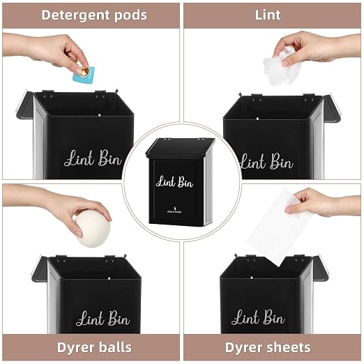 SUBEKYU Magnetic Lint Bin for Laundry Room Organization and Storage,Black | Wall Mounted Metal Lint Box Holder Trash Can with Lid for Dryer,Lint Basket for Laundry Room Decor