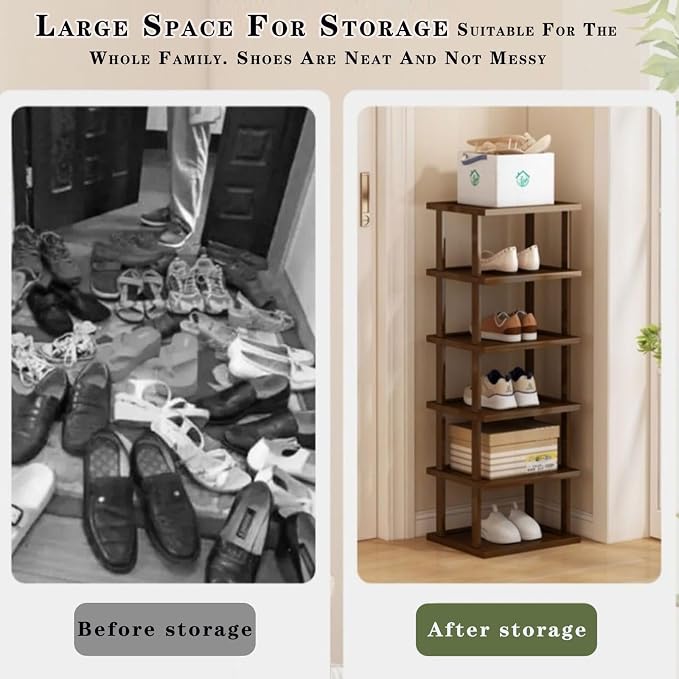 AFOORD Vertical Shoe Rack-Tall Narrow Shoe Rack Organizer for Small Spaces,12Tier Bamboo Shoen Shelf for Entryway,Closet,Corner,Doorway,Skinny Shoe Shelf Space Saving Shoe storage,Free Stackable DIY