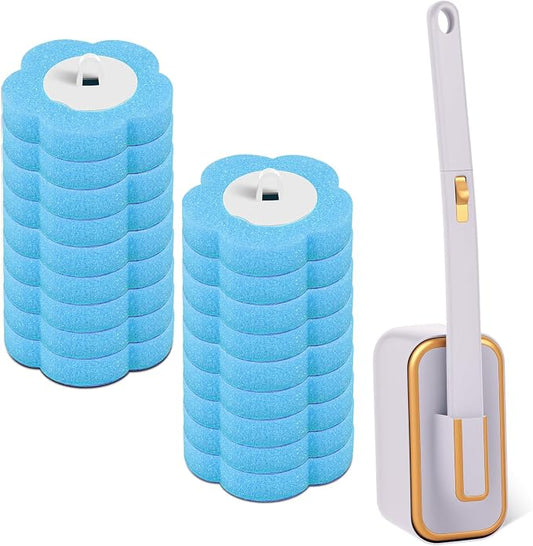 Toilet Brush Handle Kit, Toilet Wand Brush Head Disc, Disposable Toilet Bowl Cleaner Wand, Easy to Install for Bathroom Cleaning (Gray Cleaning Brush + 18 Blue Replacement Heads)