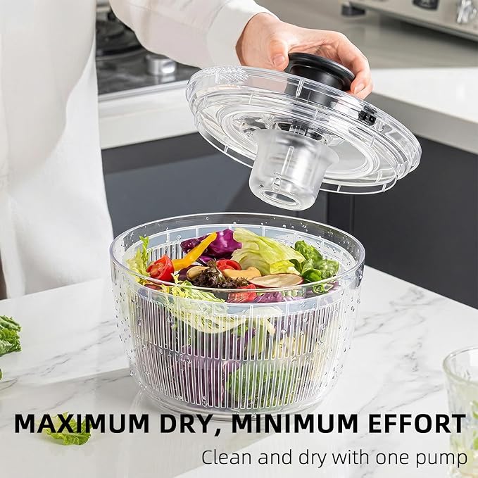 Cove Carol Large Salad Spinner, One-Handed Press-Type Vegetable Dryer, Built-in Filter Suitable for Fruits, Lettuce, and Vegetables; Salad Spinner, Lettuce Spinner 6.3 QT, Black