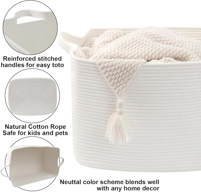 65L Large Laundry Basket with Handles,Woven Blanket Basket,White | 21"×16"×12" Collapsible Cotton Rope Storage Basket for Toys Clothes & Pillows, Nursery, Bathroom, Bedroom, Living Room