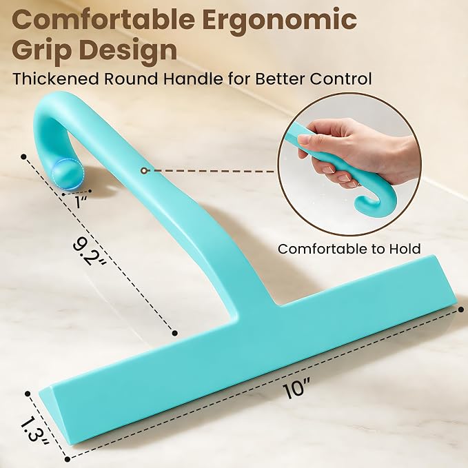 Shower Squeegee for Glass Doors - 10 Inch Bathroom Squeegee with Ergonomic Round Grip, Built-in Hook, Streak-Free No-Squeak Silicone Blade for Shower Glass, Tile Walls, Mirrors & Windows, Mint Green