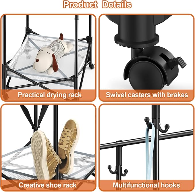 Foldable Collapsible Rolling Clothes Drying Rack,Adjustable Double Rods Laundry Airer(33.1–56.7"),Carbon Steel Pipe Standing Garment Rack for Indoor Outdoor Laundry Room (Black, A)