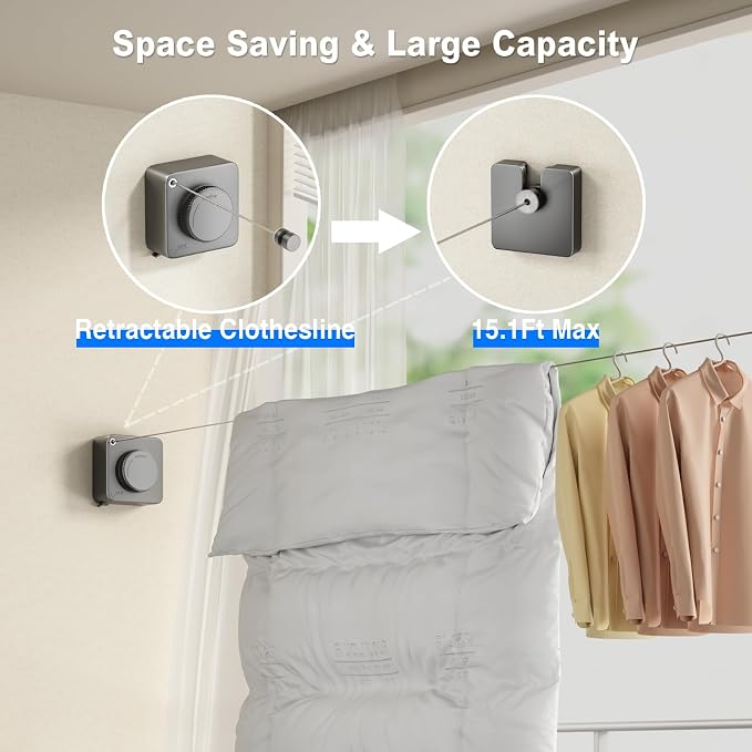 MUSTORN Retractable Clothesline Indoor, Non-Sagging Outdoor Clothes Line Retracting Heavy Duty Clothes Drying Laundry Line Wall Mounted Stainless Steel Line-15.1 Feets(Square-Gray)