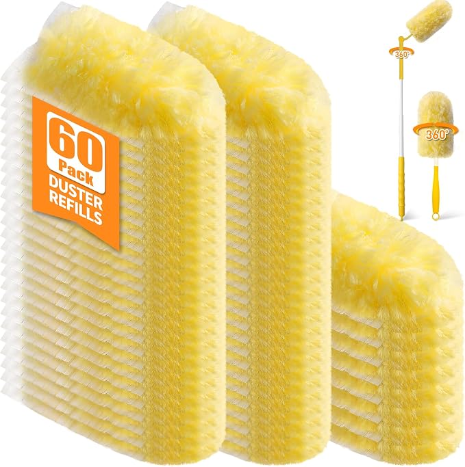 60 Count 360° Heavy Duty Duster Refills, Compatible with Swiffer Duster, Includes 1 Short Handle & 1 3 ft Extendable Handle, 4X Microfiber Cleaning Dusters, Disposable Unscented