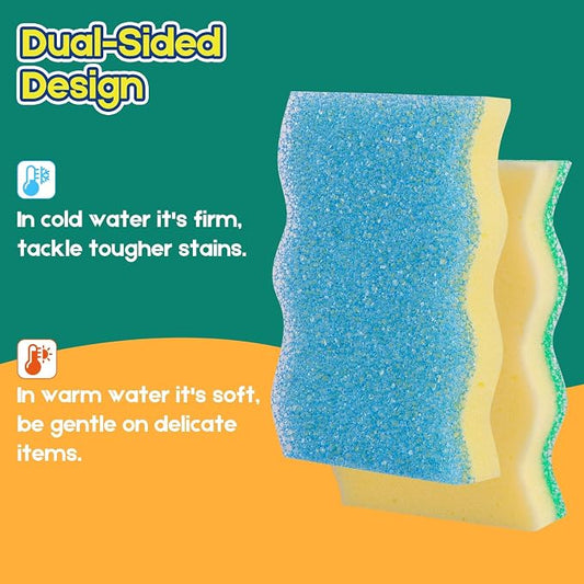 LAUNDRYLUX Scrub Sponge, 4 Pack Dual-Sided Temperature-Responsive Scrubber - Non-Scratch - Multipurpose Dish Sponges for Kitchens, Bathrooms, and Outdoor Use - Wave-Shaped