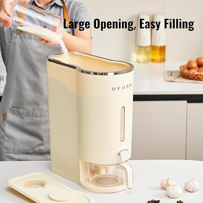 UFORU Rice Dispenser, 23-25 Lbs Rice Storage Container with Measuring Cup for Kitchen Pantry Household, Cereal Dry Food Storage Containers Airtight, Sealed Moisture Proof, Cream White