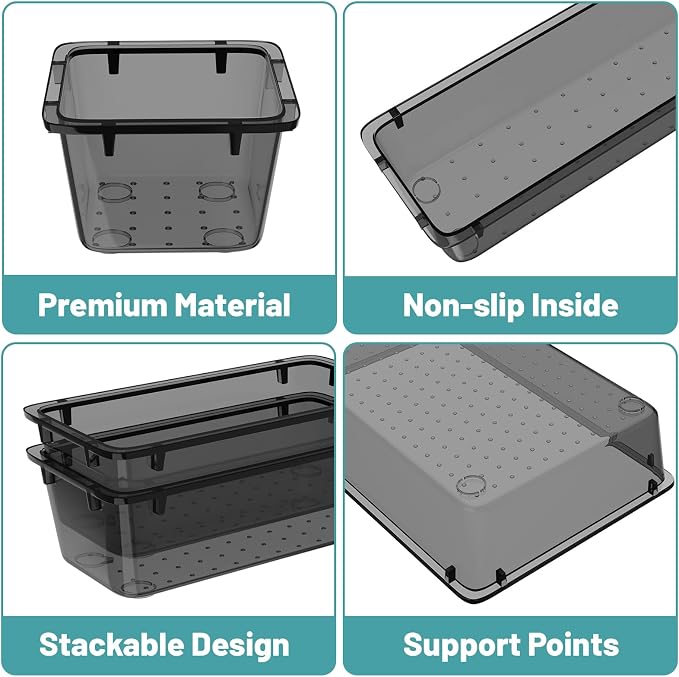 WOWBOX 8 PCS Clear Plastic Drawer Organizer Set, 4 Sizes Desk Drawer Organization and Storage Containers for Makeup, Cosmetics, Jewelry and Gadgets in Kitchen, Bathroom, Bedroom, Office, Clear Black