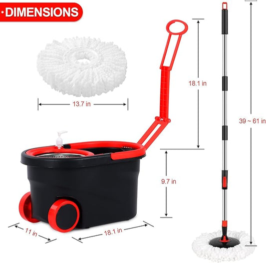 Spin Mop and Bucket with Wringer Set on Wheels, 360° Spinning Mop Bucket System with 3 Microfiber Mop Replacement Heads and 61" Stainless Steel Adjustable Handle for Floor Cleaning