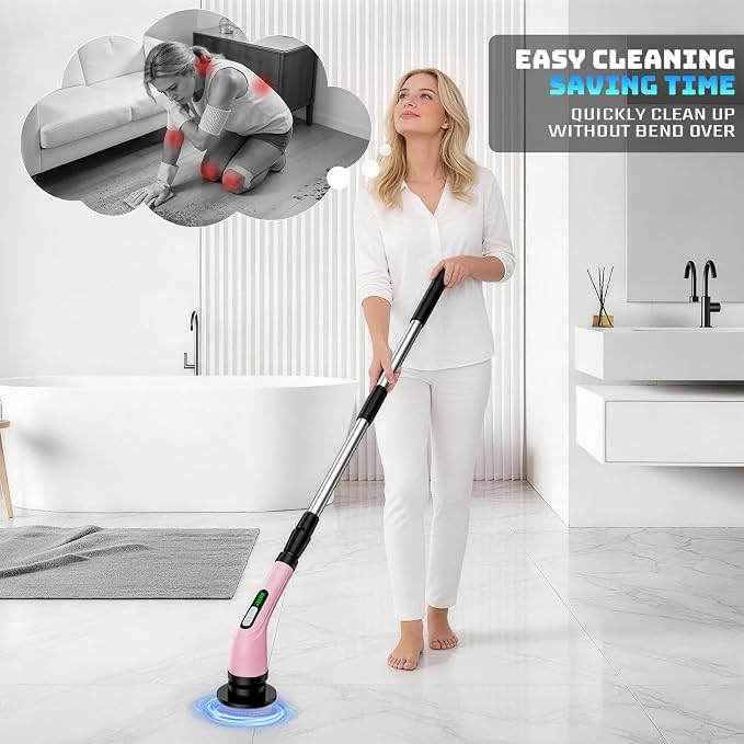Electric Spin Scrubber, 2-Speed Cleaning Brush, Extendable Handle (Pink) | Includes 7 reusable brush heads and an IPX7-rated design for cleaning bathrooms, showers, kitchens, tile, floors, and grout