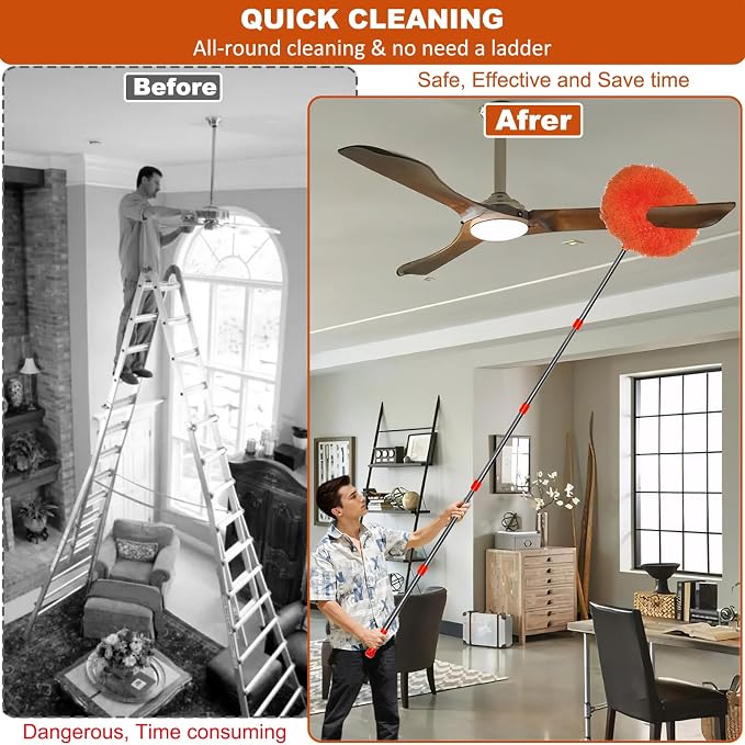 20+ Feet High Reach Dusting Kit, Cobweb Duster & Ceiling Fan Duster with 3-14 ft Extension Pole for Cleaning, Microfiber Feather Duster Cleaner for Cleaning Walls Bookshelves Furniture Door Window