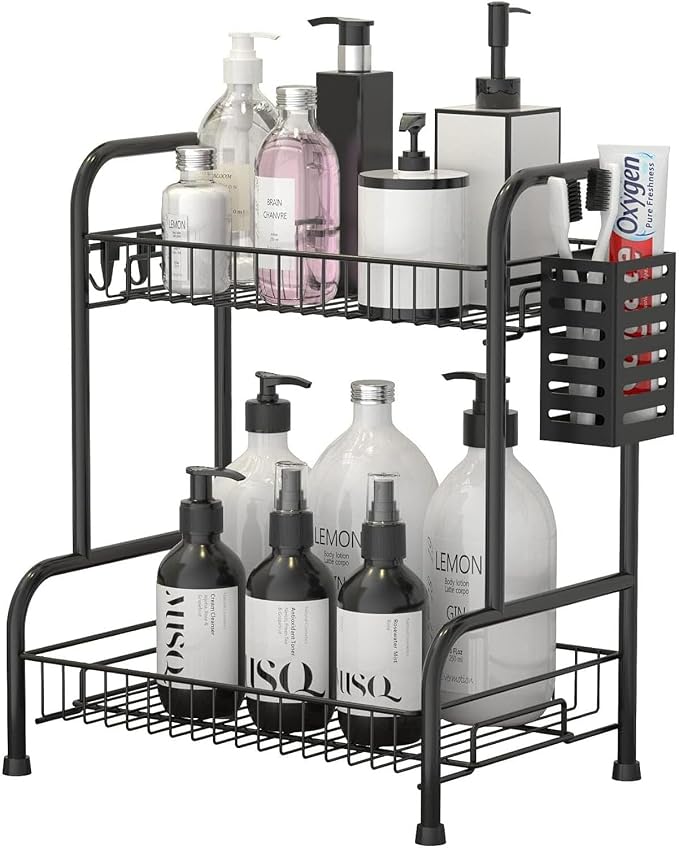 Bathroom Countertop Organizer With Toiletries Basket, 2 Tier Bathroom Counter Storage Rack with Adjustable Feetpad, No-Screw Caddy Stand for Vanity, Sturdy Metal Wire Black, Medium 12.8''L x 7.2''W