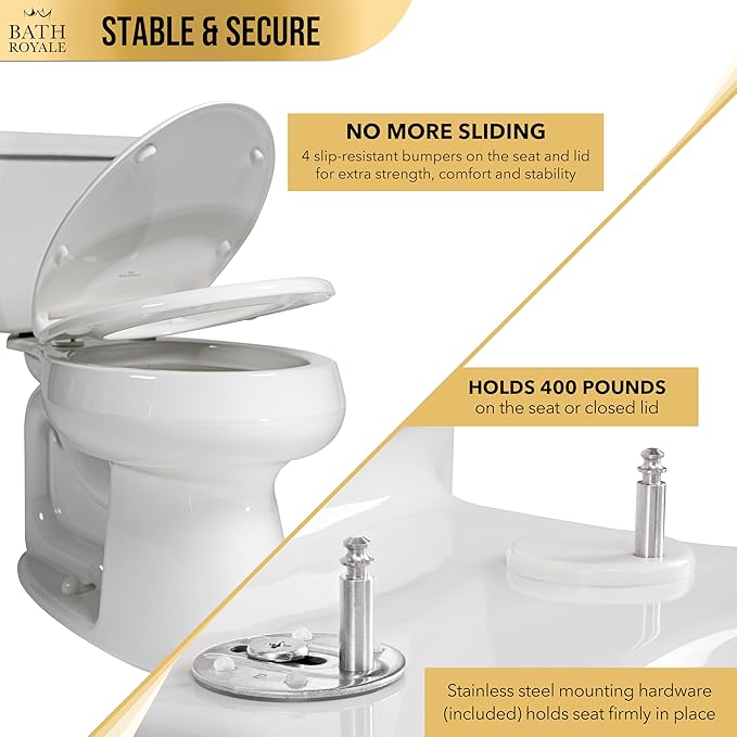 Bath Royale Elongated Toilet Seat BR501-01 Quiet Close, Stain-Resistant and Easy to Keep Clean, Heavy Duty, Fits All Toilet Brands, Executive Series -Biscuit/Linen