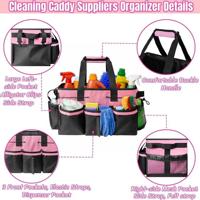 BLIRITEL Large Cleaning Caddy Bag with Handle, Cleaning Caddy Organizer with Shoulder Strap, Multi-Compartment Cleaning Supply Tote for Cleaners & Housekeepers (Pink)