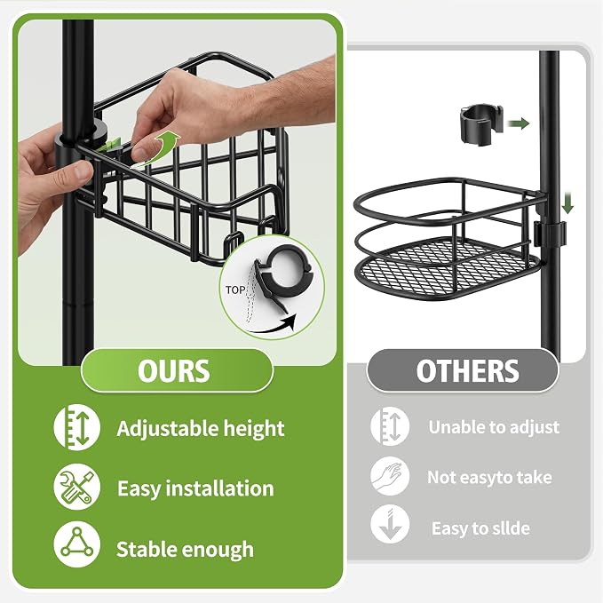 DAOYA Shower Caddy Tension Pole Shower Organizer Tension Rod with Towel Bar | Bathroom Corner Caddy for Bathtub/RV, Adjustable Floor-to-Ceiling 25-114.2", 12 Side Hooks, Black, Rustproof Stainless Steel