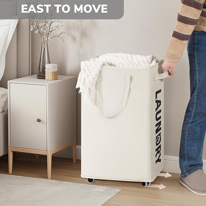 Goodpick 75L Hamper with Wheels & Wash Bag, College Dorm Room Essentials | Clothes Hamper with Removable Wash Bag for Laundry Room, Large Rolling Laundry Basket with Handles, White