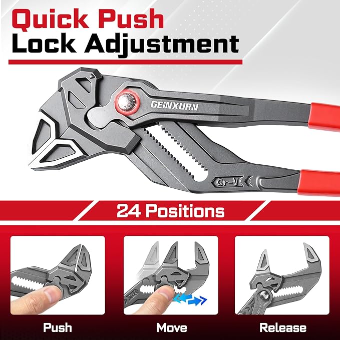 12-Inch Pliers Wrench, 1PC Smooth V-Jaw Pliers with 24-Position Push-Lock, Fast Adjustable Slip Joint Pliers Set for Plumbing, Home Repair, and Pipe Fittings