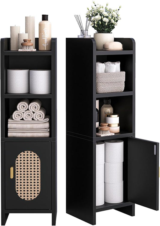 Small Bathroom Storage Cabinet, Narrow and Slim Storage Cabinet with Rattan Door and Adjustable Shelves, Corner Floor Bathroom Organizers and Storage for Small Space, Black HSC001B