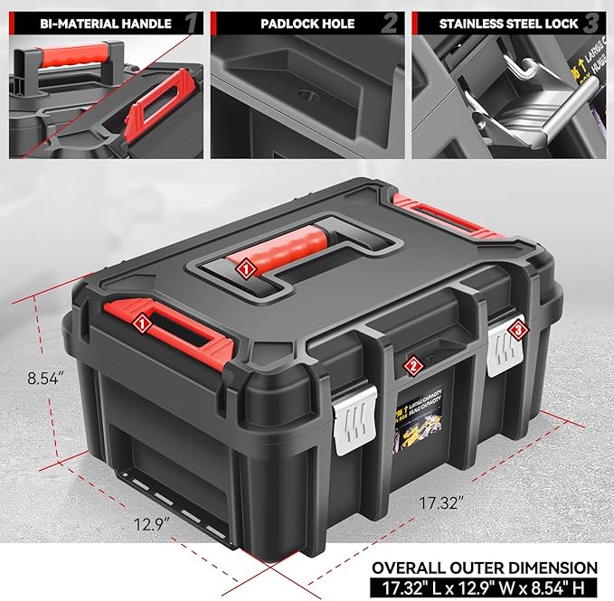 Auto Dynasty 17-Inch Tool Box Organizer Toolboxes Storage with Removable Tray and Portable Handle for Garage Workshop Home Office Car Trunk, Black