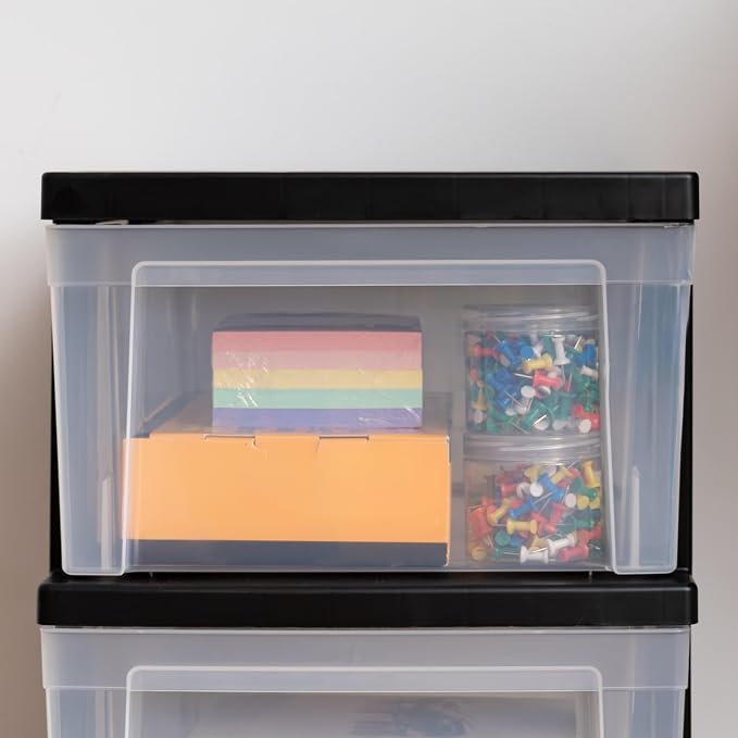 IRIS USA 3-Drawer Slim Narrow Storage Organizer, 2-Pack, Black/Clear | Organize craft supplies, school essentials, beauty items, and small household accessories with compact drawer storage