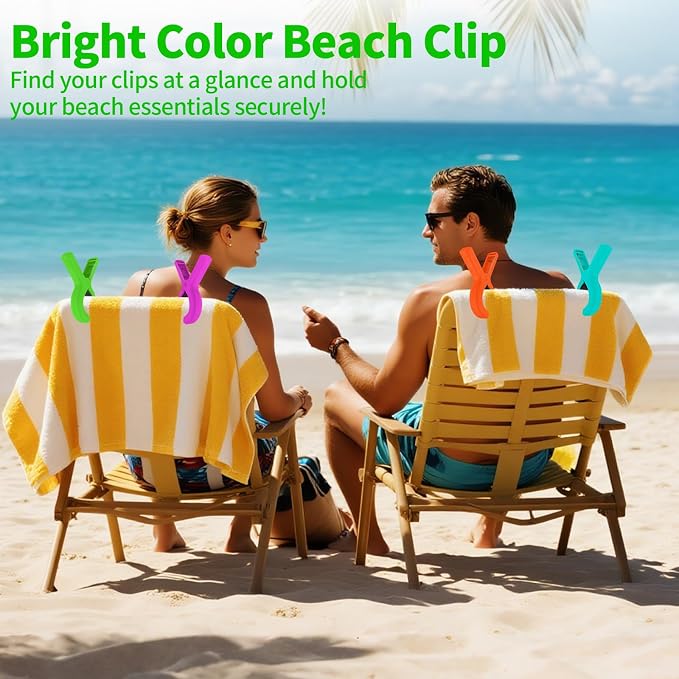 Beach Towel Clips for Beach Chairs Cruise, Strong Grip Clothes Pins Non-Slip Pool Chair Clips, Quilt Drying Clip for Laundry Towel Clothes Blankets Set of 8, with Drawstring Bag(4 Colors)
