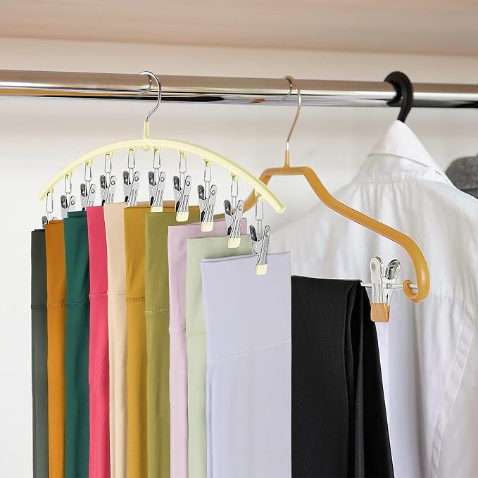 Volnamal Legging Organizer for Closet, Metal Yoga Pants Hangers 2 Pack w/10 Clips Holds 20 Leggings, Space Saving Hanging Closet Organizer w/Rubber Coated Closet Organizers and Storage, Ivory