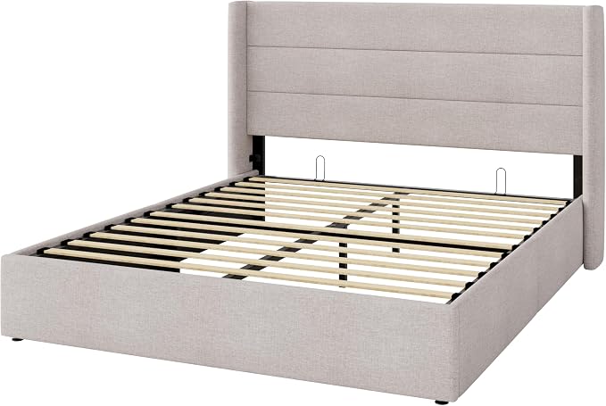 Allewie Queen Size Lift Up Hydraulic Storage Bed Frame Light Beige | Modern Wingback Headboard, Hydraulic Support Storage, No Box Spring Needed