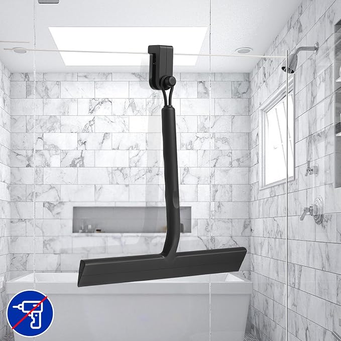 wlich Shower Squeegee for Glass Doors, 8.5" Slicone Squeegee for Shower Glass Door, Black Shower Squeegee for Shower Doors Windows Mirrors Cars Cleaning, Shower Door Squeegee with 2 Hooks